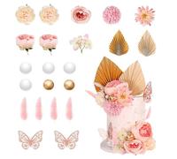 22 Pcs Cake Decoration Pink Cake Decorations with Paper Palm Fan and Butterfly Artificial Rose Flowers Cake Toppers Boho Cake Picks for Birthday Wedding Anniversary(Pink)