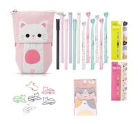 22 Pcs Cute Cat Stationery Set Beautiful Stationery 1 Canvas Cat Telescopic Pouch Bag 12 Gel Ink Rollerball Pens with 0.5 mm Refill 320 Notes Page Flags Index Tabs 6 Cat Paper Clips 1 Sticky Note