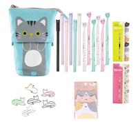 22 Pcs Cute Stationery Set Beautiful Stationery 1 Canvas Cat Telescopic Pouch Bag 12 Gel Ink Rollerball Pens with 0.5mm Refill 320 Notes Page Flags Index Tabs 6 Cat Paper Clips 1 Sticky Note (Blue)