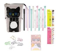 22 Pcs Cute Stationery Set Beautiful Stationery 1 Canvas Cat Telescopic Pouch Bag 12 Gel Ink Rollerball Pens with 0.5mm Refill 320 Notes Page Flags Index Tabs 6 Cat Paper Clips 1 Sticky Note (Grey)
