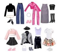 22 Pcs Doll Clothes Compatible with Barbie 11.5 Inch Dolls, Doll Outfits Fashion Preppy Sets Leather Jacket and Trousers Set Checked Skirt Set Floral Skirt Sets PuffSkirt Shoes Jewelry