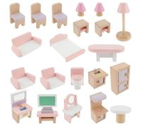 22 Pcs Dolls House Furniture Set Wooden Doll House Furniture Accessories Furniture Toys, Pink Dollhouse Living Room Bedroom and Bathroom Accessories for Boys Girls Toddlers 3Y+(set 1)