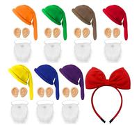 22 Pcs Halloween Dwarf Cosplay Costumes Hats Gnome Fake Ears,Fake Beard and Red Princess Hairband for Halloween Party Adult Dwarf Set