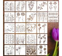 22 Pcs Small Flower Stencils for Painting, Small Flower Stencils for Crafts Reusable, Wildflower Stencil with Sunflower, Vine, Botanical Leaf Tree Plant Pattern for Drawing on Fabric Walls Paper Floor