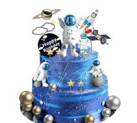 22 Pcs Space Cake Topper,Space Cupcake Toppers Astronaut Figurine Birthday Outer Space Themed Party Decorations Supplies Planet Rocket Pearl Balls and Star DIY Cake Toppers for Kids Party Baby Shower