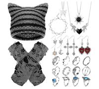 22 Pcs Y2k Grunge Knitted Cat Beanie with Fairy Grunge Ripped Glove Earrings Necklace Rings Set Devil Horn Grunge Accessories Slouchy Hat Crochet Beanie with Ears (Black)