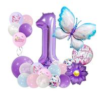 22-Piece Blue & Purple Butterfly, Flower & Number Balloon Set - Foil Party Decorations for Birthdays, Baby Showers, Themed Celebrations, Photo Backdrops and Family Events