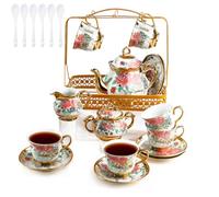 22 Piece Ceramic Tea Sets, 6.8 oz Tea Cup and Saucer Set for 6, Porcelain Tea Sets with 37 oz Teapot, Afternoon Tea Set, Coffee Set with Metal Holder, Luxury Tea Cups Sets for Party, Wedding, Gift