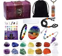 22-piece healing crystal chakra quartz set in wooden box (7 raw and 7 round chakra stones, lava bracelet, chakra necklace and amethyst pendulum, thumb concern stone, selenite charging plate, etc.)
