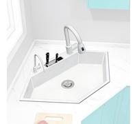 22" White Corner Kitchen Sink, 304 Stainless Steel Dishwashing Corner Sink Kitchen with Knife Holder, Drain Basket, Above Counter, Semi Recessed, Under Counter