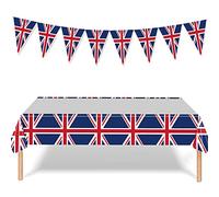 220*130cm Union Jack Table Covers With 2.5Meters Triangle Flags Banner King Charles III Decorations Union Jack Bunting Party Plastic Tablecloth,GB UK Tablecover for Street Party National Throne Events