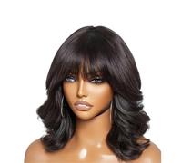 220% Density Body Wave Bob Wig with Bangs Short Full Machine Made Human Hair Wigs Loose Beautiful(10inches)