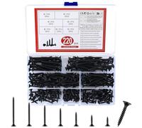 220 Pcs Self Tapping Wood Screws, M3.5 Black Plasterboard Screws | Black Flat Cross Head Self Drilling Screws - M3.5 Drywall & Wood Assortment Kit - 16mm/20mm/25mm/30mm/35mm/40mm/50mm