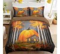 220 x 260 cm Orange Fade Resistant Bedding Pumpkin House Birch Trees Path Sunlight Hotel Quality Duvet Cover Dreamy Realistic Easy Care Warm Peaceful Countryside Duvet Cover Set for Women Adults