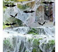 2200 Sqft Halloween Decorative Spider Web - Halloween Spider Web Decoration - with 100 Pieces Plastic Spiders, 24 Pieces Bats - White Spider Webs for Outdoor Indoor Garden, Dining Table, Door, Ceiling