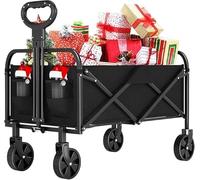 220L Festival Trolley on Wheels - Foldable Collapsible Wagon Cart with 360° All-Terrain Wheels, Adjustable Handle & Side Pocket, Portable Camping Cart for Beach, Garden, Picnic, Shopping & Fishing