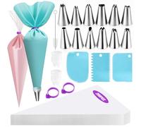 220PCS Piping Bags and Nozzles Set - 12 Stainless Steel Icing Nozzles, 200 Disposable Piping Bags, 1 Reusable Silicone Pastry Bag, 3 Scrapers, 1 Brush, 2 Bag Ties & 2 Couplers, Cake Decorating Tools