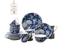 222 Fifth Adelaide 16-Piece Porcelain Dinnerware Set with Round Plates, Bowls, and Mugs, Dark Blue