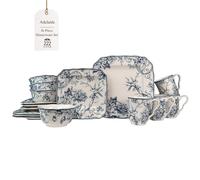 222 Fifth Adelaide 16-Piece Square Floral Dinnerware Set - Service for 4, Blue & White Porcelain Plates & Bowls, for Everyday Dining & Entertainment, Microwave & Dishwasher Safe, Chip Resistant