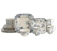 222 Fifth Adelaide 16-Piece Square Floral Dinnerware Set - Service for 4, Blue & White Porcelain Plates & Bowls, for Everyday Dining & Entertainment, Microwave & Dishwasher Safe, Chip Resistant