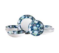 222 Fifth Nightingale 12-Piece Porcelain Dinnerware Set - Service for 4, Bohemian Blue Floral Design, Perfect for Everyday Dining & Entertainment, Microwave & Dishwasher Safe