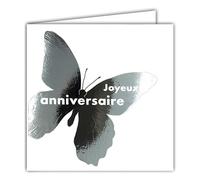 22212 Happy Birthday Square Card on a Shiny Silver Butterfly with White Envelope 15 x 15 cm - White Interior - Creation Edition Print Made in France - Dream of Words Collection