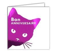 22215 Happy Birthday Square Card on the Head of a Cat Pink Fuchsia Shiny Looking - With White Envelope 15 x 15 cm - Creation Edition Print Made in France - Dream of Words Collection