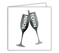 22239 Tchin Tchin Square Card 2 Champagne Flutes Shiny Silver with White Envelope 15 x 15 cm Festive Day Congratulations Best Wishes Happiness Joy Love Health Toasting - Made in France