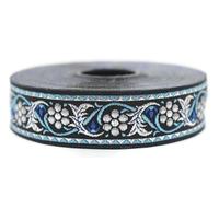 22904 V2 10 m 22 mm Metallic Blue and Silver Woven Jacquard Ribbon with Bavarian Flower Pattern Rolls Tape Embroidered Fabric Craft Clothing Haberdashery Leisure Creative Decoration Sewing