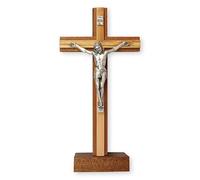 22cm Free Standing Mahogany Wood Crucifix Cross Olive Wood Inlay 11594