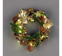 22cm Prelit Wreath Battery Operated - Wooden Twigs Base Decorated with Golden Baubles,Berries,Leaves,Stars,Foliage,Pine Cones, Micro Rice LED Lights - Christmas Home Hanging Decoration
