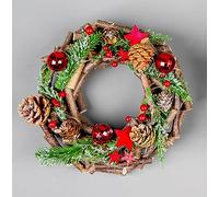 22cm Prelit Wreath Battery Operated - Wooden Twigs Base Decorated with Red Baubles,Berries,Stars,Foliage,Pine Cones, Micro Rice LED Lights - Christmas Home Hanging Decoration