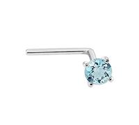 22G Solid 14Kt Gold L-Shape Nose Stud with real Aquamarine Gemstone, 14kt Yellow Gold or 14kt White Gold Prong Setting - March Birthstone Nose Ring, Metal, aquamarine