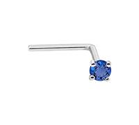 22G Solid 14Kt Gold L-Shape Nose Stud with real Blue Sapphire Gemstone, 14kt Yellow Gold or 14kt White Gold Prong Setting - September Birthstone Nose Ring, Metal, sapphire