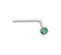 22G Solid 14Kt Gold L-Shape Nose Stud with real Emerald Gemstone, 14kt Yellow Gold or 14kt White Gold Prong Setting - May Birthstone Nose Ring, Metal, emerald