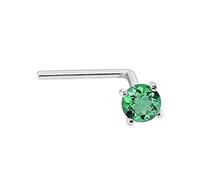 22G Solid 14Kt Gold L-Shape Nose Stud with real Emerald Gemstone, 14kt Yellow Gold or 14kt White Gold Prong Setting - May Birthstone Nose Ring, metal, emerald