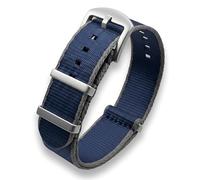 22mm Blue Grey Nylon Watch Strap | Military Seatbelt Double-Pass Contrast Edge Stripe Band | Smooth Seat Belt Webbed Fabric | Brushed Stainless Steel Buckle & Fittings (22 mm, Navy Blue/Gray)
