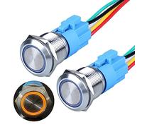 22mm Momentary Push Button Switch 12V 24V DC LED Indicator Waterproof Anti-Vandal Stainless Steel Shell 7/8" Mounting Hole 1NO1NC (ON)-Off with Plug Socket (Halo Ring Yellow Light)(Yellow,19mm 2pcs)