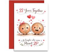 22nd Anniversary Card - Cute Pair of Copper Coins Design - Copper Anniversary Card - A5 Size Card with Red Envelope