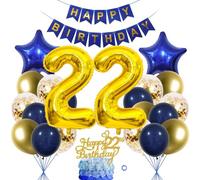 22nd Birthday Balloon & Cake Decoration - Blue & Gold, Boy & Girl, 22 Years