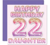 22nd Birthday Card for Daughter - Pink & Purple Glitter Balloons - Happy Birthday Cards for 22 Year Old Daughter from Mum Dad Parents, 145mm Bday Greeting Cards Gift