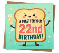 22nd Birthday Card for Her, A Toast Pun & Champagne | For her 22nd: cheerful toast character with a champagne flute, confetti dots and the line “A Toast for Your 22nd Birthday!”