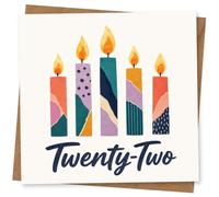 22nd Birthday Card for Her, Bright Candles, Twenty-Two | Celebrate her 22nd with five colourful candles in mixed patterns and bold “Twenty-Two” lettering.