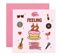22nd Birthday Card for Her - “Feeling 22” Cowgirl & Music Icons - Fun Card for Daughter, Friend, Sister, Niece, Bestie, BFF, Girlfriend, Girls, Women, Ladies - Girly Design - Comes with Stickers