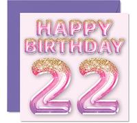 22nd Birthday Card for Women - Pink & Purple Glitter Balloons - Happy Birthday Cards for 22 Year Old Woman Daughter Sister Auntie Cousin, 145mm Greeting Cards Gift