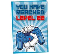 22nd Birthday Card, You Have Reached Level 22, Greeting Card for Twenty-Two Year Old Gamer Birthday Gift for Adult Son or Daughter, For Him Her Grandson Granddaughter, Blue