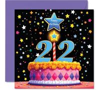 22nd Birthday Cards for Men Women - Pink Cake & Stars - Happy Birthday Card for 22 Year Old Man Woman Cousin Son Auntie Grandson, 145mm Bday Greeting Cards