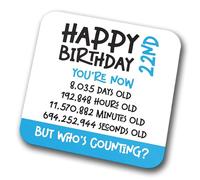 22nd Birthday Coaster - Celebrate 22 Years in Seconds, Minutes, Hours, and Days. Novelty Drink Coasters for Tea and Coffee for Christmas and Birthdays (Modern) (Blue, 22 Years Old)