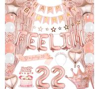 22nd Birthday Decorations Balloons for Her - Happy Birthday Banner Sash Decoration Set with Foil Fringe Curtains, Rose Gold Cake Topper Hanging Star Garland for Women 22 Years Old Party Supplies