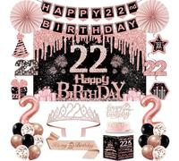 22nd Birthday Decorations for Women, Rose Gold 22nd Birthday Party Kits | 32pcs Happy 22 Years Old Party Decorations Set, Backdrop, Crown, Sash, Banner, Cake Topper, Balloons, Card, Paper Fans